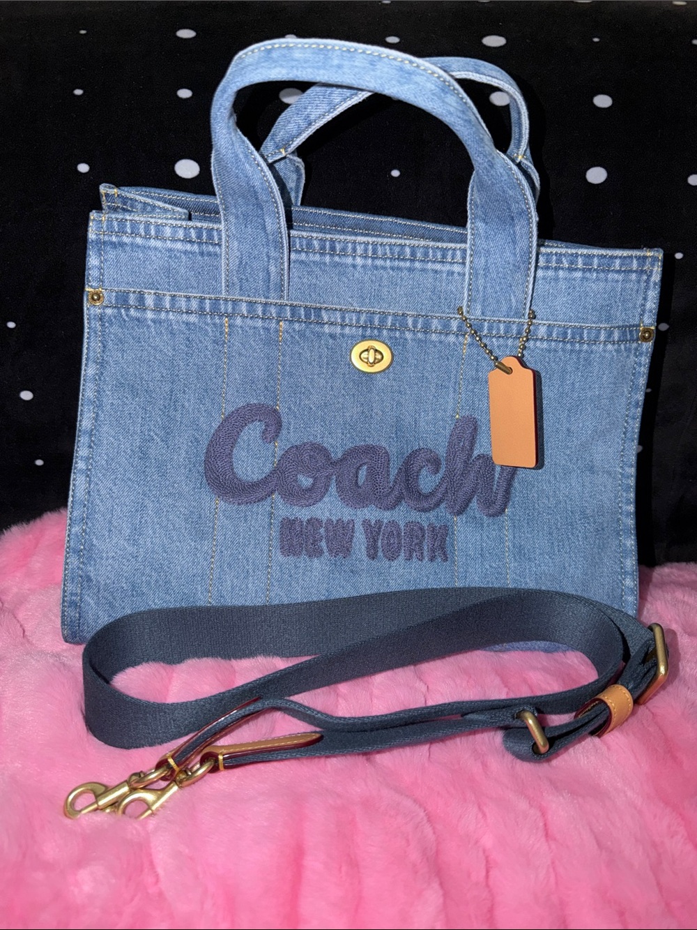 Coach Denim Cargo Large Tote CR657 with Navy Logo and Tan Tag
